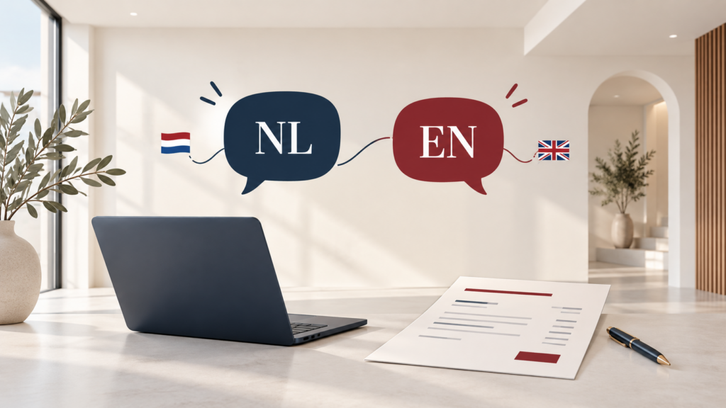 Illustration of Dutch and English speech bubbles, a laptop and a quotation in a bright interior.