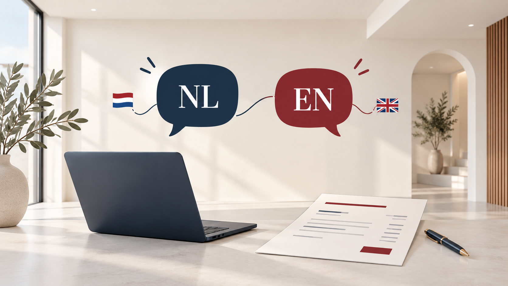 Illustratie met NL- en EN-spreekballonnen, een laptop en een offerte